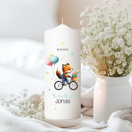 Wandtattoo Loft Kerze zur Einschulung für Jungen Fuchs auf Fahrrad mit Luftballons personalisiert mit Namen und Datum, Kl. Kerze 18 x 7