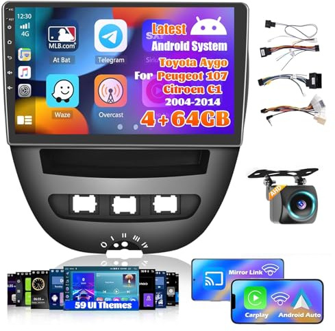 Inefala 8 Core 4+64G Android 15 Radio für Toyota Aygo/Peugeot 107/Citroen C1 2004-2014, 10,1 Zoll HD Touchscreen mit Wireless CarPlay und Android Auto, GPS Navigation, Rückfahrkamera AHD, FM/RDS
