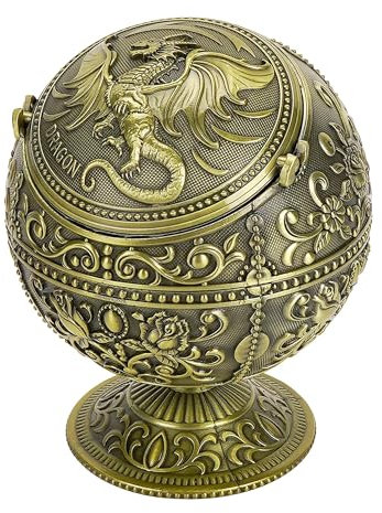 Winddichter großer Aschenbecher mit Klappdeckel für Zigaretten, tragbarer Metall-Drachen-Druck, dekorativer Aschenbecher für Terrasse, drinnen und draußen, Kegel-Räuchergefäß, bronzefarben