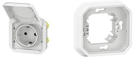 LEGRAND, Plexo New Set, Einsatz Feuchtraum-Steckdose, Berührungsschutz, Klappdeckel, Steckklemmen, 16A, 250V, IP44 - IK08 & 1-fach Feuchtraum-Unterputz-Tragrahmen, Farbe: Ultraweiß, 069640L & 069692L