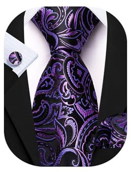 Barry.Wang Paisley Herren-Krawatten-Set, Seide, Einstecktuch, Manschettenknöpfe, formelle Hochzeit, Party, Business, Violette schwarze Blume, Einheitsgröße