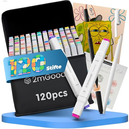 2mGoods 120 farben Filzstifte mit Doppelspitze, Alkoholmarker Set, Twin Marker, Copic Marker für Erwachsene, color pens, schnelltrocknend, geruchsarm, lichtbeständig, ideal für Illustration, Comic