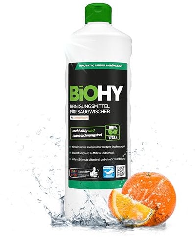 BiOHY Reinigungsmittel für Saugwischer mit Orangenduft (1l Flasche) | 1:200 Konzentrat für alle Nass-Trockensauger | ideal für Fliesen, PVC, Parkett, Laminat & Teppich | streifenfreier Glanz