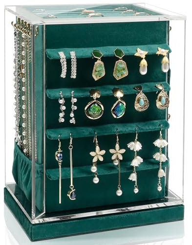 KAMIER Schmuckaufbewahrung 360° Drehbar, Schmuckkasten 5 Schubladen, Grosses Schmuckkästchen Aufbewahrung Ohrring, Seitliche Öffnung Glasfenster, offenes Design, Vertikale Jewelry organizer(Grün)