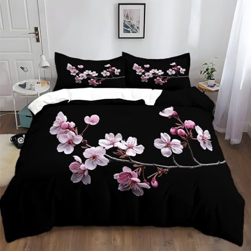 Rose Fleur De Cerisier Noir Parure de Lit 220x240 cm Noir Housse de Couette Imprimé Microfibre Confortable Ensemble de Literie avec Fermeture Éclair et 2 Taies d'oreiller pour Garçon Fille