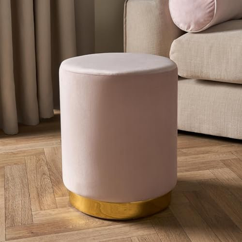 OHS Dressing Chair Matt Velvet Ottoman with Gold Metal Base, Soft Cosy Luxury Makeup Vanity Stool Seat for Living Room Bedroom or Hallway, One Size - Blush