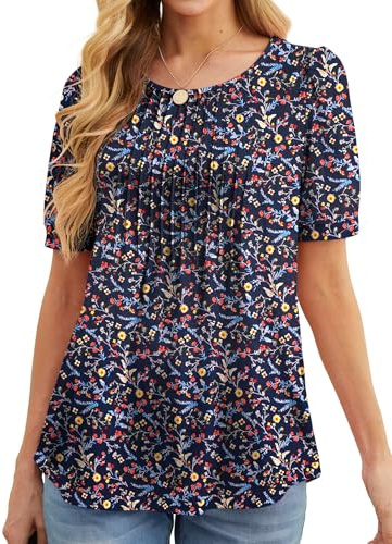 GRECERELLE Women's Pleated Short Sleeve Crew Neck Tops with Curved Hem | Front Pleat, Gathered Short Sleeves, Solid and Floral Print Colour for Easy Styling Flowy Tees T-Shirts Blouse for Ladies