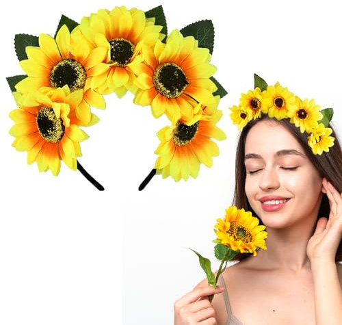 Sonnenblumen Haarreif Blumenkranz Haare, Haarreif Sonnenblume Kinder Sonnenblumen Stirnband Fasching Damen, Haarreifen Sonnenblumen Karneval Blumen Kopfschmuck Kostüm Damen Accessoire (Haarreif -1)