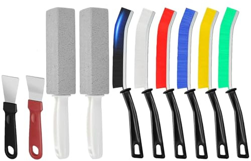 DuDuZui Juego de 10 Cepillos de Limpieza de Grietas, 6 Cepillos de Limpieza de Huecos Coloridos, 2 Herramientas Raspadoras, 2 Piedra pómez de Limpieza, para Ranura Ventana Puerta Baño Cocina del Hogar
