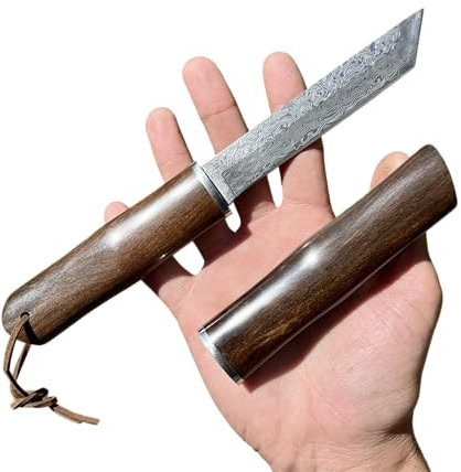 Obespina Couteau Damas Tanto Camping Lame Fixe Acier Damascus Style Japonais Manche Intégral Bois Collection Custom Cadeau Homme Suminagashi VG10