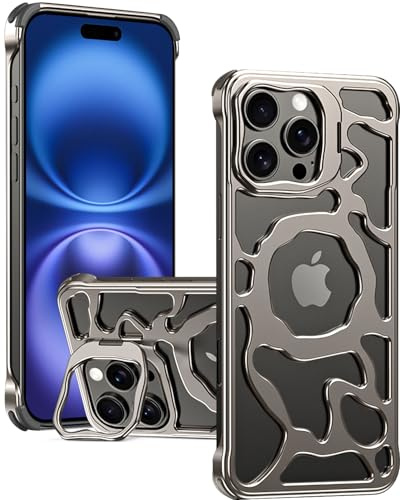 Miimall Magnet Hülle Kompatibel mit iPhone 16 Pro Hülle mit Ständer, [Hollow Design] [Aluminium Material] Wärmeabkühlung Anti-Rutsch Stoßfest Militär Schutz Case für iPhone 16 Pro-Wüstensand
