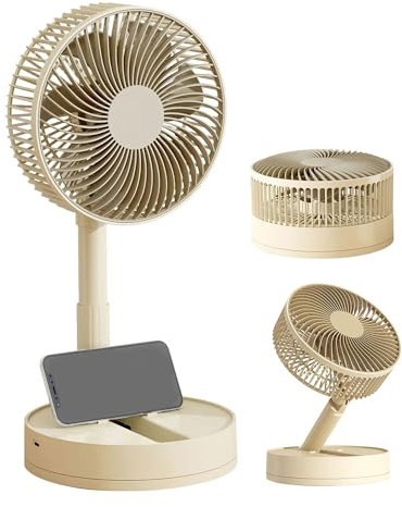 KASYDoFF USB Ventilator Leise, 5400mAh-24H Akkulaufzeit Tischventilatoren, 200mm Faltbarer Ventilator Klein, 4-Stufen ＆ Timer Automatische Oszillation Mini Ventilator for Apartment, Kaki