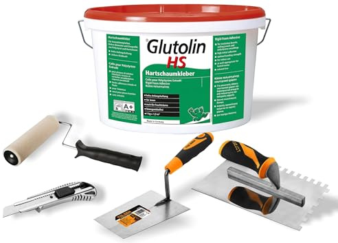 Glutolin Hs Kleber-Set 1 x 8 kg Kleber für Depron Dämmplatten + 1 Zahn Maurerkelle, 1 Kelle mit quadratischer Spitze, 1 Rasierwalze 20 cm, 1 Cutter 18 mm aus Metall