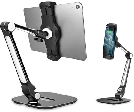 Aluminu Alloy Tightness Adjustable Tablet Stand Compatible with 4.7-13 iPad, iPhone, Samsung, Kindle, Foldable Arm Holder for Desktop, iPad, iPhone,360° Rotating Holder Phone/Tablet (Black)