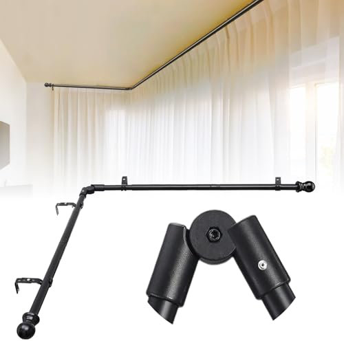Gardinenstange Erkerfenster, 76-345cm L-Förmige Gardinenstange Verstellbare aus Edelstahl Vorhangstange Beschläge Set, 25mm Durchmesser Erker-Gardinenstangen für Schlafzimmer, Wohnzimmer/Mattschwarz