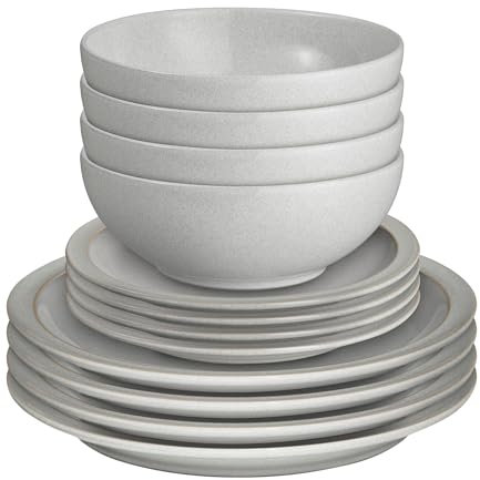 Denby - Dove Grey Dinner Set for 4-12 Piece Ceramic Tableware - Dishwasher & Microwave Safe Crockery - Hand Glazed Stoneware Plate & Bowl Set - Includes 4 x Dinner Plates, Small Plates, Cereal Bowls