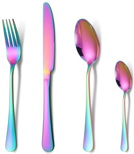 32 Pieces Rainbow Cutlery Set, HONKKU Stainless Steel Flatware Silverware Sets, Classic Knives Forks and Spoons, Service for 8 People, Colourful Mirror Polished, Dishwasher Safe