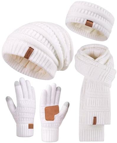 SENPUKI Stirnband, Mütze, Schal & Handschuh-Sets für Damen, Slouchy Beanie Mütze Ohrenwärmer Stricken Schal Touchscreen Handschuhe Warm 4-in-1 Geschenk Set