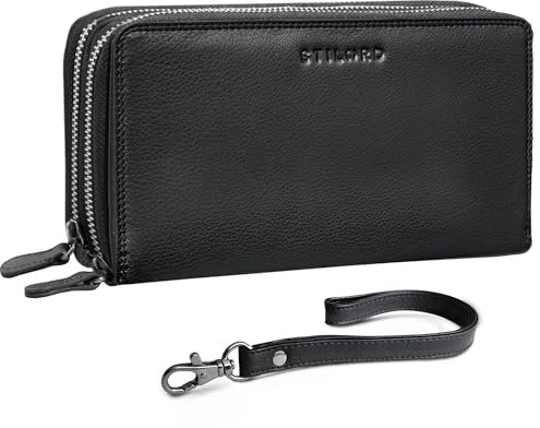 STILORD 'Thor' XXL Leder Portemonnaie Herren Lang Doppelter Reißverschluss RFID & NFC Große Brieftasche 25 Kartenfächer Handgelenktasche Echtleder Clutch mit Handschlaufe, Farbe:schwarz