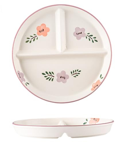 Divided Plates 8x1 Floral Pattern Round Ceramic 3 Compartment Plates for Kids & Adults for Portion Control at Home, School, Kindergarten Portion Control Plate