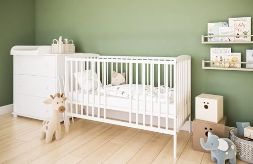 zee Babybett Set 120x60 cm 2in1 Weiß Mit Schutzbarriere & Wickelkommode Classic Mit 3 Schubladen Babyzimmer Mit Wickelaufsatz