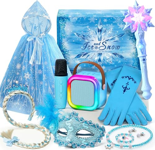Elsa Eiskönigin Spielzeug Geschenk für Mädchen 4 5 6 7 8 Jahre, Mini Karaoke Maschine mit Kindermikrofon & Prinzessin Kostüm Zubehör & Zauberstab, Frozen Spielzeug Eiskönigin Geschenke Mädchen