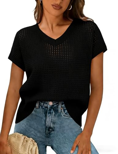 Gyabnw Camiseta Manga Corta Mujer Cuello V Malla Calada | Manga corta, tejido de malla calada, cuello V, estilo de camiseta de manga corta, para verano, estilo ligero y femenino