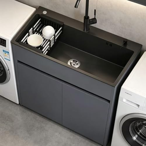 Fregadero Autoportante Exterior con Mueble de Aluminio Panal de Abeja, Lavabo de Acero Inoxidable con Grifo Mezclador y Dispensador de Jabón, para Garaje o Jardín, Gris,80x45x85 cm