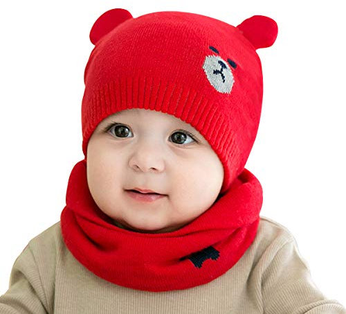ADESUGATA Baby Kinder Winter Warm Gestrickter Mütze Schal Sets,Kleinkind Kinder Warme Beanie Mütze Weiche Baumwollkaps Schals Hüte für Baby Mädchen Jungen Säuglings Kinder 0-36 Monate (Rot)
