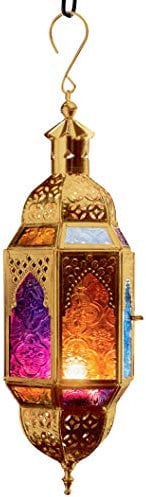 Purity Ornate Moroccan Style Hanging Lantern for Tealights - Multi Coloured Glass and Gold Coloured Metal (Small 10 x 8.5 x 29.5cm)
