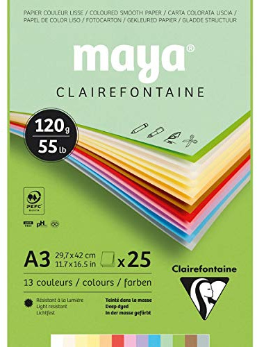 Clairefontaine 975333C - Malblock verleimt mit 25 Blatt Maya Zeichenpapier, glatt 29,7x42 cm 120g, Pastell farbig sortiert (12 Farben + 1 weiß )