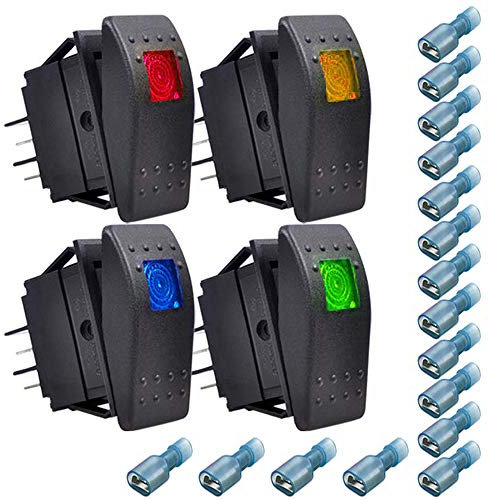Gebildet 4pcs 12V/20A, 24V/10A Impermeabile Interruttore a Bilanciere, ON-OFF Interruttore a Levetta per Barche Marine (Rosso, Giallo, Blu, Verde)+16pcs Terminale(6.3mm)