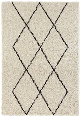 Hanse Home Hochflor Shaggy Design Teppich Diamond Creme Schwarz weich im Raute Karo Muster Geometrisch Wohnzimmer Schlafzimmer Küche Diele Flur Modernes Design, 120x170 cm