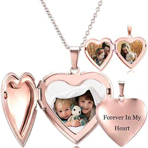 RWQIAN Médaillon Personnalisé Photo Collier Femme Pendentif,Coeur d'amour Poli Contient Images Dans Médaillons Polis en Acier Inoxydable Gravé Tout Texte Symboles Cadeaux Personnalisés Pour Les Filles