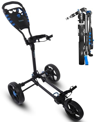 SereneLife 3 Wheel Golf Push Cart – Lightweight, Foldable, Collapsible, Adjustable Handle, Golf Caddy Accessories, Built-In Cooler Storage/ Scorecard/ Cup Holders, Compact for Travel