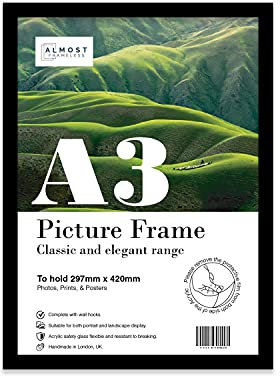 A3 Black Picture Frame, Fits A3 (29.7 x 42cm - 11.7 x 16.5in) Poster, Photo, or Print. Portrait and Horizontal Wall Hooks