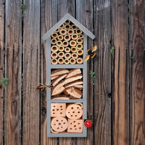 Garden Mile Umweltfreundliches Insektenhaus aus Holz, grau, freistehend, Naturholz, Insektenhaus, Hängehütte für Bienen, Schmetterlinge und Käfer