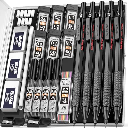 Nicpro 5 Stücke Druckbleistifte Set, Schwarz Metall Bleistifte 0,5 & 0,7 & 0,9 mm, 2mm Fallminenstift (4B 2B HB 2H) mit Bleistiftminen, Radiergummi, für Zeichnen, Skizzieren, Schreiben