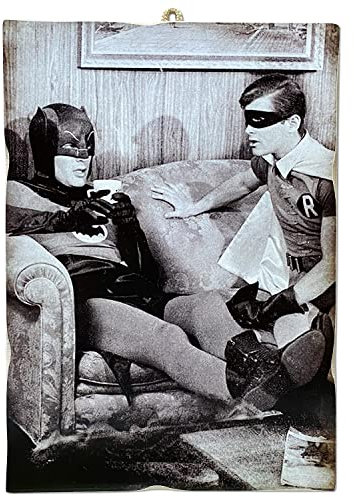 KUSTOM ART Cucuba Bild, Vintage-Stil, Serie Aktoren, die den Kaffee Batman und Robin trinken, Druck auf Holz, 18 x 25 cm.
