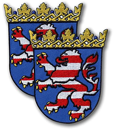 Patchion Wappen von Hesse – 2 Stück – bestickter Aufnäher / Abzeichen / Emblem – 5,8 x 8,4 cm (5,9 x 8,3 cm) – VeIcro/Klettverschluss, Weißen