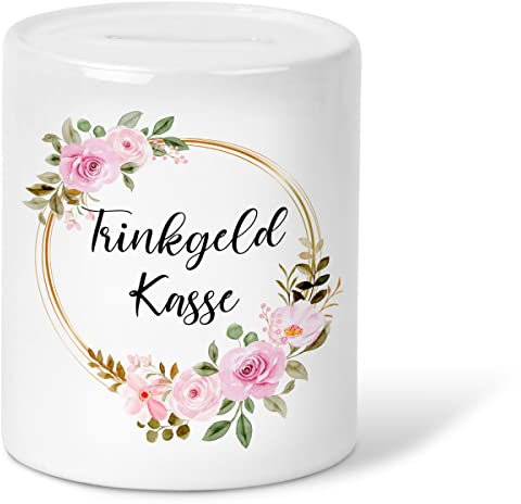 GRAVURZEILE Bedruckte Spardose - Trinkgeld Kasse Design - Spardose mit Blumenkranz Motiv für Trinkgelder - Dekoration für Eisiele Cafe Restaurant Bar - Geschenk zur Einweihung an das Personal