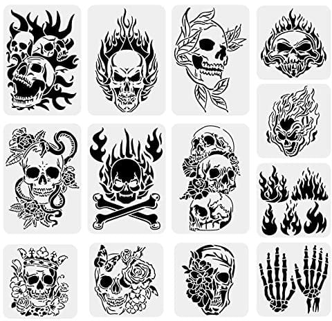 BENECREAT 13 STÜCKE Halloween-Themen-Zeichnungsschablonen, Totenkopf, Flamme, Gruseliger Stil, Schablone Für Die Scrabooking-Kartenherstellung, Wand Bodenkunst, Festivaldekoration