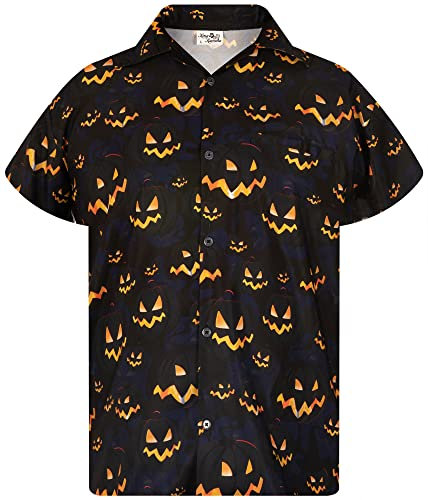 King Kameha Funky Hawaiihemd, Halloween, Herren, Kurzarm, Pumpkin Allover, Schwarz, L