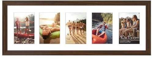 Americanflat 20x61 cm Bilderrahmen Collage - Zeigen Sie Fünf 10x15 cm Fotos an Ihrer Wand an - Bilderrahmen 5 Bilder für Bilder der Familie - Verbundholz mit Bruchsicherem Glas - Walnuss