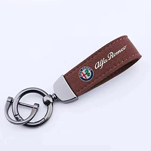 Auto Schlüsselanhänger Wildleder, für Alfa Romeo Stelvio 4C MiTo Giulietta Rotierende Hufeisenringe Car Key Chain Schlüsselbund with Logo Zubehör,Brown Style-a