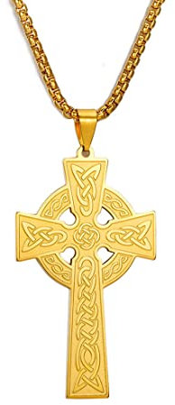 EUEAVAN Wikinger Keltisches Kreuz Halskette Irisches Gebet Anhänger Kruzifix Religiöses Halsband Jesus Amulett Nordischer Schmuck Männer Frauen Mädchen Geschenke Souvenirs (gold)