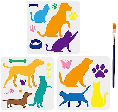 MAYJOYDIY 3 Stück Hunde Katzen Schablone 30×30cm Schmetterlings Malschablonen Mit Pinsel Wiederverwendbare Hundepfotenabdruck Vorlage Zum Malen Für Holz Wände Fenster Heimwerker Dekoration