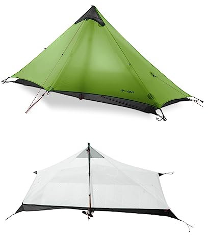 Telomat 3F Lanshan1 Ultraleichtes Zelt 3/4 Saison Tragbares Rucksackzelt für 1 Person 15D silikonbeschichtetes wasserdichtes polloses Doppelschichtzelt für Camping, Klettern, Wandern (Grün 4