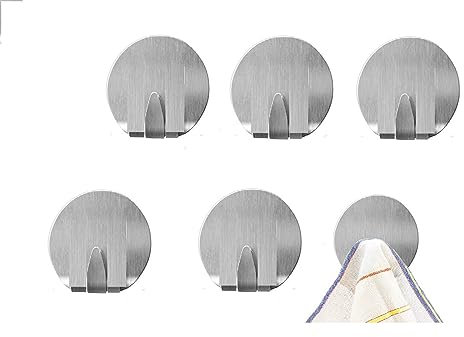 Mr. Gadget's Solutions Adhesive Hooks, Stick on Wall Adhesive Hangers, Strong Stainless Steel Holder, Self Adhesive Hooks for Kitchen Bathroom Home Door Towel Coat Key Robe 6 Packs Silver-Round Shape