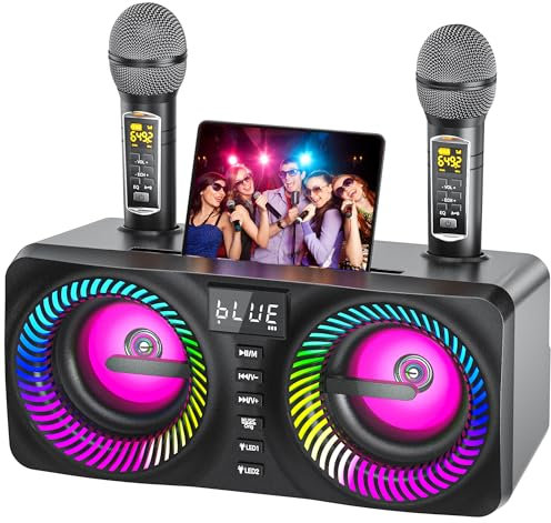 MusyVocay Karaoke Potable System, Multi-functional 30W PA System with 2 Wireless UHF Microphones and Rechargeable Slot in Machine, Complete Micro Karaoke Machine for Home Friends (NT001-BLACK-US)